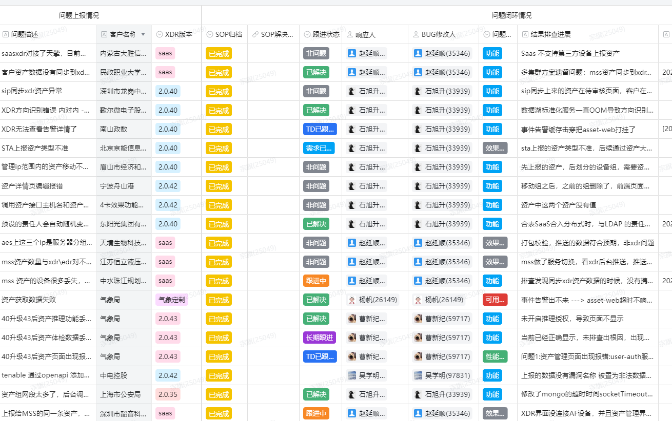 脱敏后的问题全览视图，展示状态、版本、责任人和 SOP 归档情况
