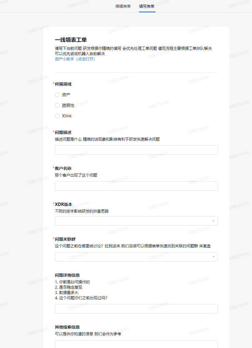 一线提单表单里保留了问题现象、客户名称、版本和问题关联群等必要字段